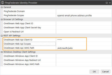 The PingFederate Identity Provider dialog box has a grid with row headings that have a gray background with black text and can be expanded to display fields with a white background and black text. In this example, in the REST API Settings section, OneStream Web Api Client ID, OneStream Web Api Scopes, and OneStream Web Api JWKS Path are highlighted.